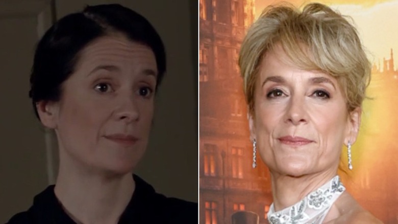 Split image of Raquel Cassidy on "Downton Abbey" vs. in real life 2025