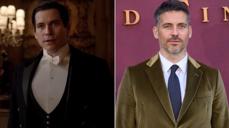Split image of Robert James-Collier on "Downton Abbey" vs. in real life 2025