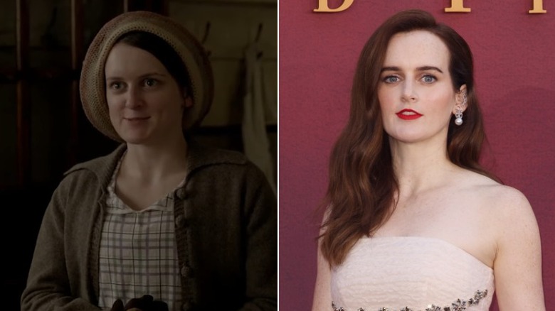 Split image of Sophie McShera in "Downton Abbey" vs. in real life