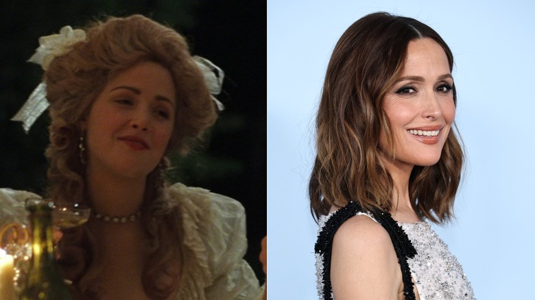 A split image showing Rose Byrne in Marie Antoinette and in 2026.