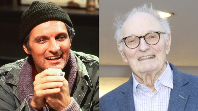 (Left) Alan Alda in 1972 in a portrait for MASH, (Right) Alan Alda in August 2025 in a wool blue blazer and glasses