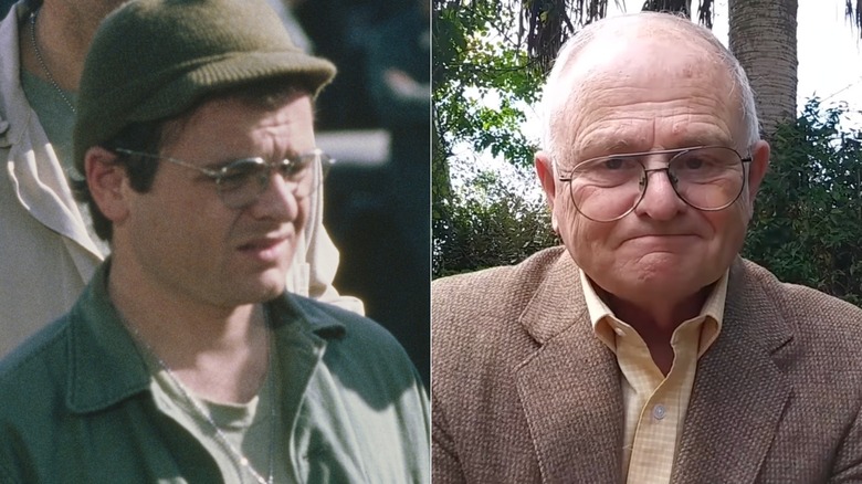 (Left) Gary Burghoff on the set of MASH in 1976, (Right) Gary Burghoff in 2018 sitting outside in a brown tweed blazer
