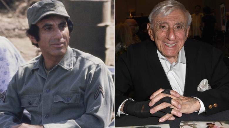 (Left) Jamie Farr on the set of MASH in 1976, (Right) Jamie Farr at a Hollywood event in 2022.