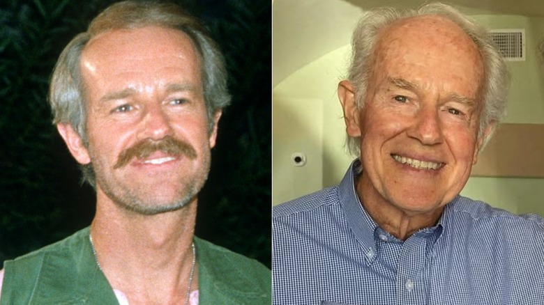 (Left) Mike Farrell filming the final episode of MASH in 1983, (Right) Mike Farrell posing for a picture with Alan Alda in 2022