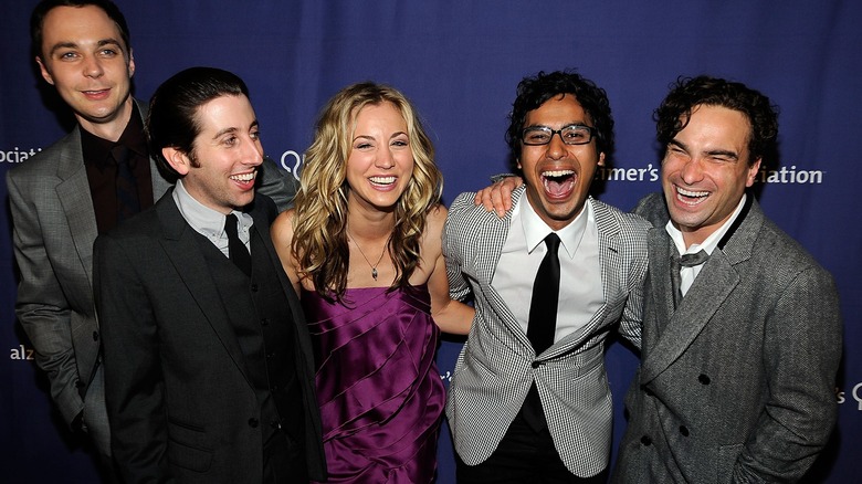 Jim Parsons, Simon Helberg, Kaley Cuoco, Kunal Nayyar, and Johnny Galecki smiling and laughing