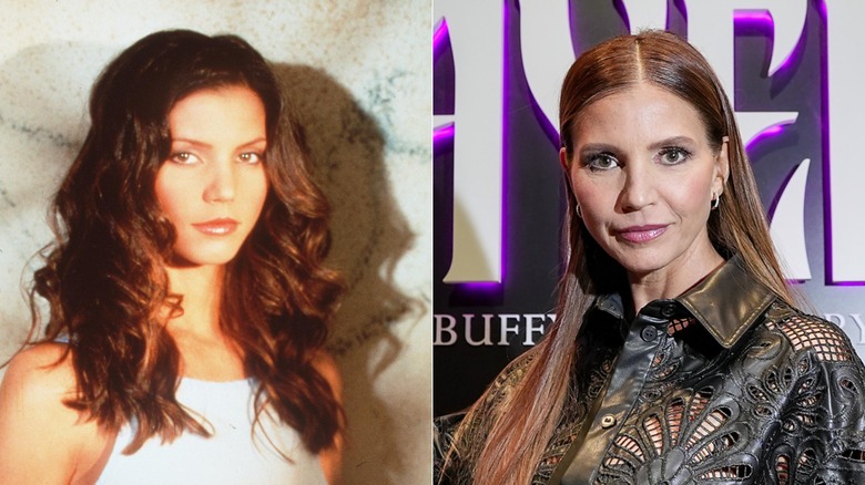Charisma Carpenter poses for a publicity photo for "Angel" in 1999 & at a Comic Con in 2023