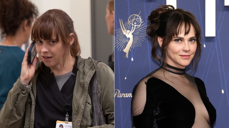 (L) Fiona Dourif as Dr. Cassie McKay on "The Pitt"; (R) Fiona Dourif attending the 2025 Emmy Awards in a black dress with mesh cut-outs.