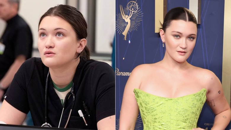 (L) Isa Briones as Dr. Trinity Santos on "The Pitt"; (R) Isa Briones attending the 2025 Emmy Awards in a green strapless dress