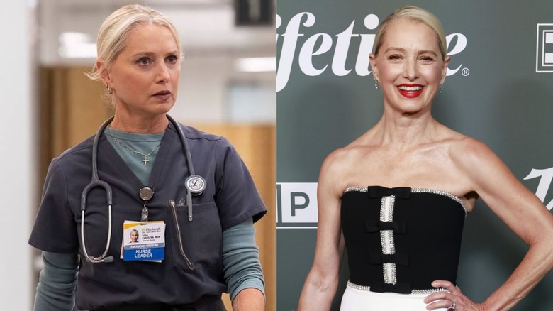 (L) Katherine LaNasa as Dana Evans on "The Pitt"; (R) Katherine LaNasa attending Variety's 2025 Power of Women event in a strapless dress