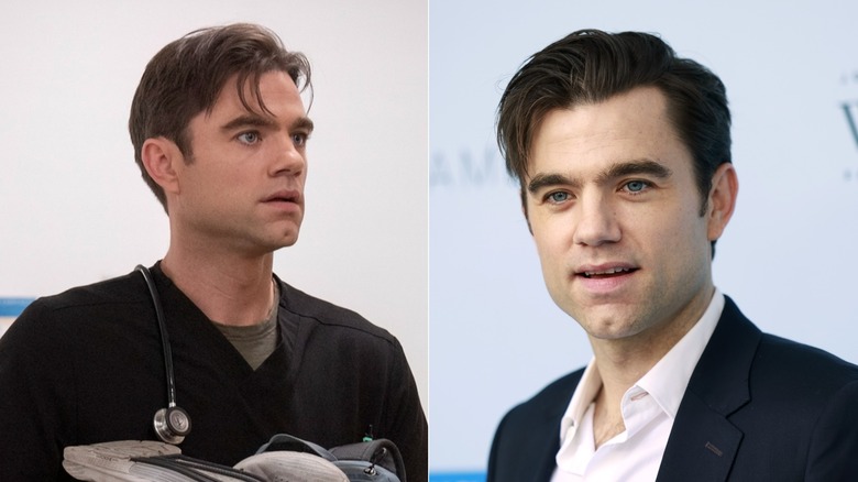 (L) Patrick Ball as Dr. Frank Langdon on "The Pitt"; (R) Patrick Ball attending a charity brunch in 2025