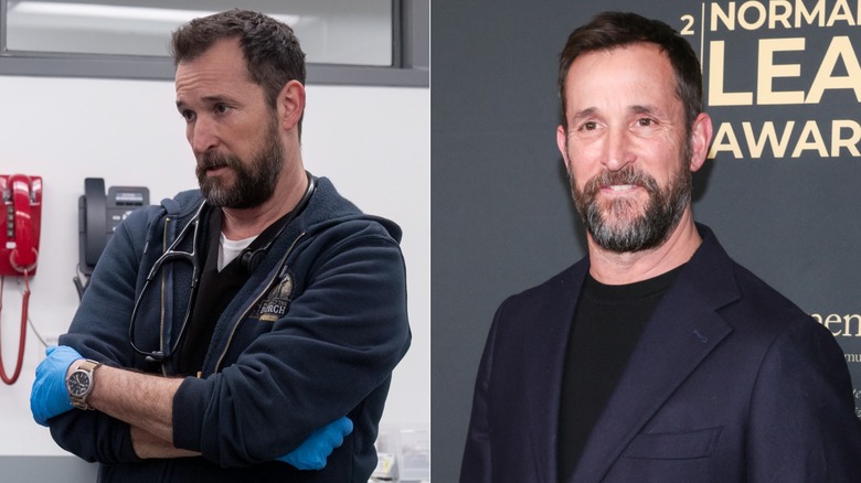 (L) Noah Wyle as Dr. Michael Robinavitch on "The Pitt"; (R) Noah Wyle at the 2025 Norman Lear Awards