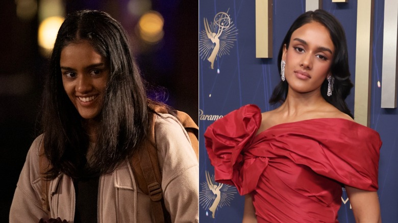 (L) Shabana Azeez as Dr. Victoria Javadi on "The Pitt"; (R) Shabana Azeez attending the 2025 Emmy Awards in a red gown