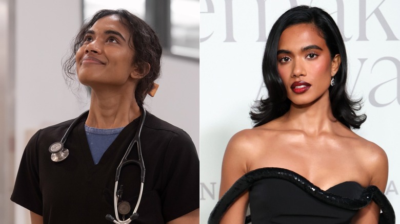 (L) Supriya Ganesh as Dr. Samira Mohan on "The Pitt"; (R) Supriya Ganesh at the 2025 InStyle ImageMaker Awards in an off-the-shoulder dress