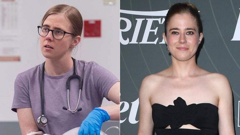 (L) Taylor Dearden as Dr. Melissa King on "The Pitt"; (R) Taylor Dearden attending Variety's 2025 Power of Women in a black strapless dress.