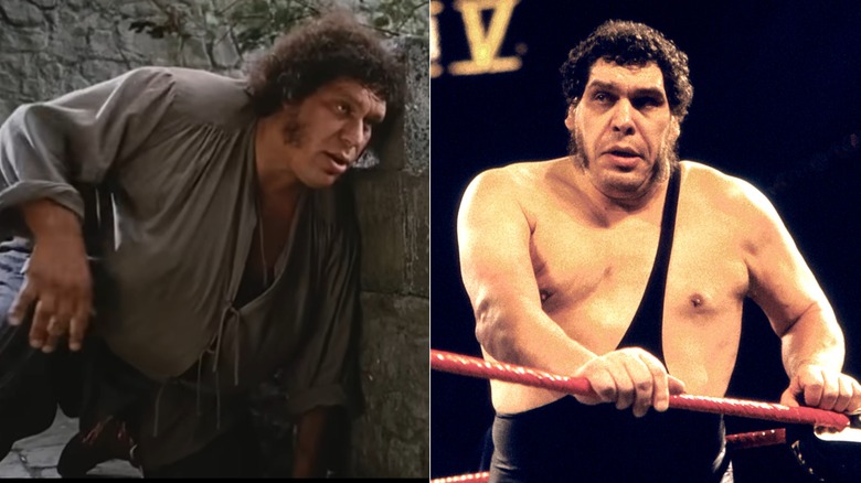 Split photo of Andre the Giant as Fezzik versus in the wrestling ring