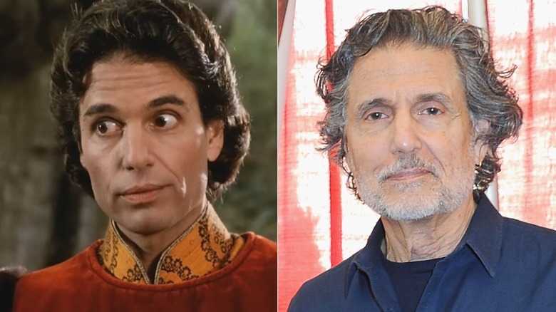 Split photo of Chris Sarandon as Prince Humperdinck versus attending a fan convention in 2024