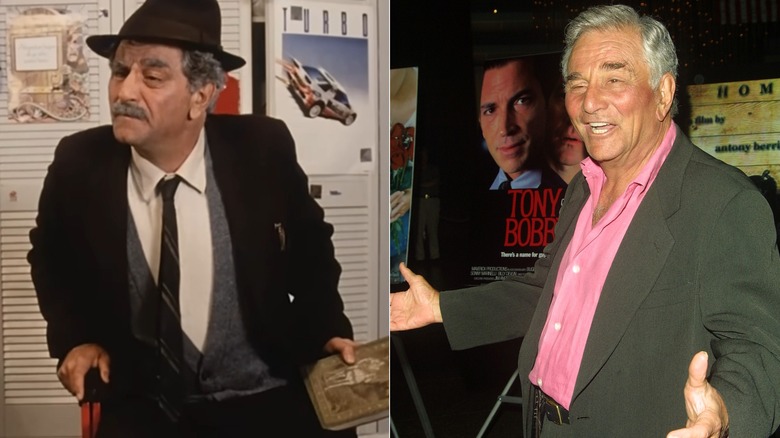 Split photo of Peter Falk as the Grandfather versus attending a 2002 Filmmakers Alliance event