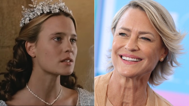 Split photo of Robin Wright as Princess Buttercup versus smiling at the Monte-Carlo Festival in 2025