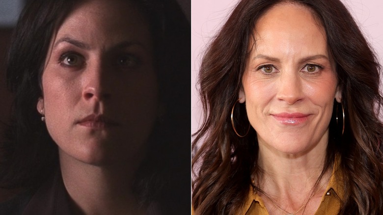A split image of Annabeth Gish as Monica Reyes on The X-Files, and smiling on a 2026 step-and-repeat.