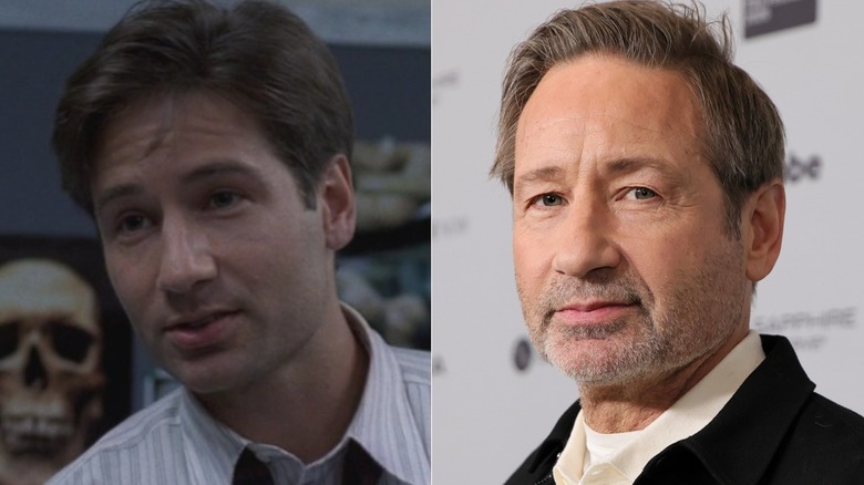 A split image of David Duchovny as Mulder on The X-Files and at a recent step-and-repeat.