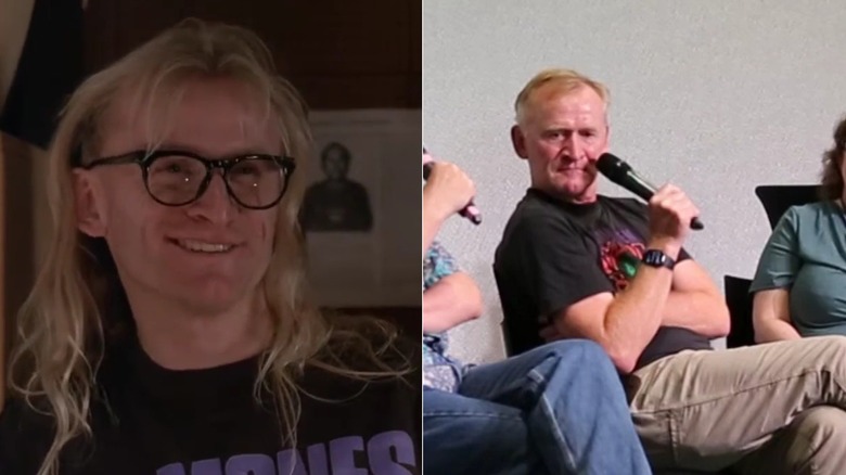 A split image of Dean Haglund as Ringo on The X-Files, and speaking into a microphone at a recent convention appearance.