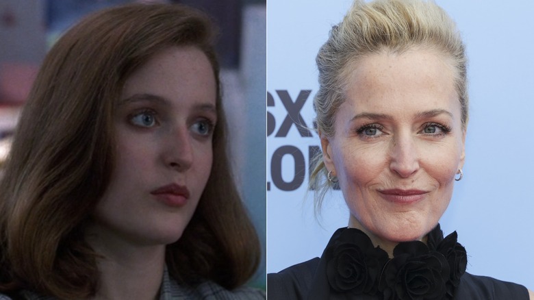 A split image of Gillian Anderson as Scully on The X-Files, and on a 2026 step-and-repeat.