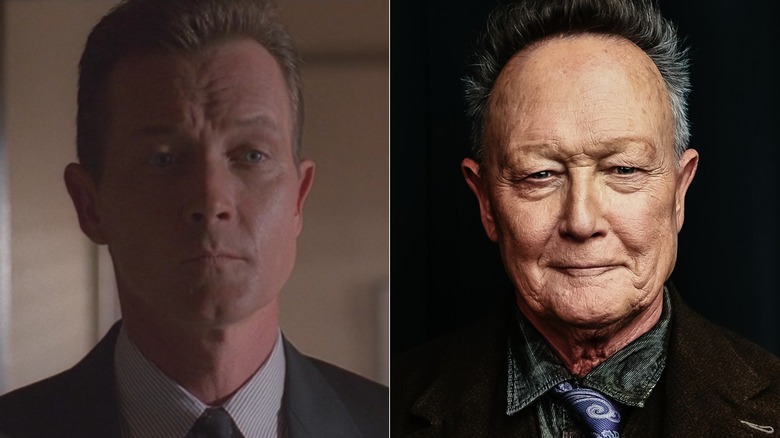 A split image of Robert Patrick as Doggett on The X-Files and smiling in a 2026 portrait.