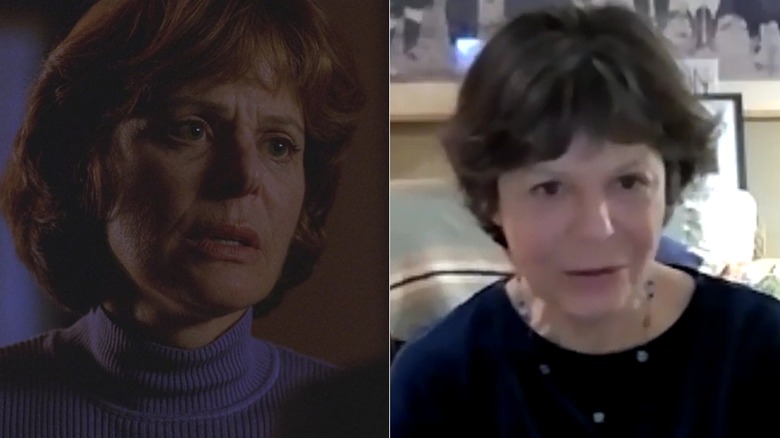 A split image of Sheila Larken as Maggie Scully and speaking on a recent Zoom interview.