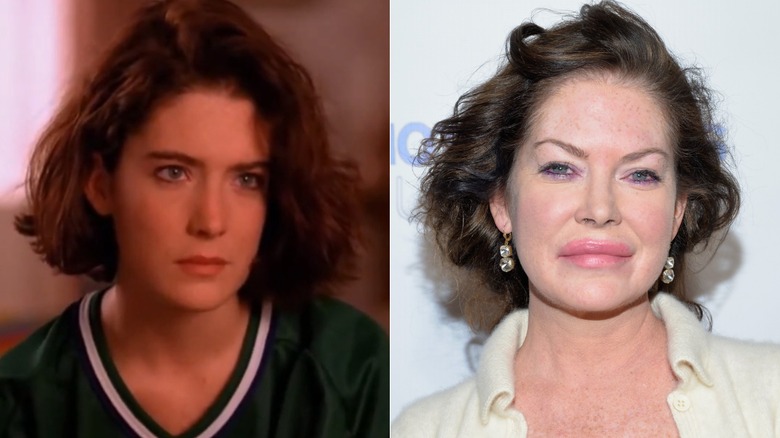 Split photo of Lara Flynn Boyle in "Twin Peaks" & at a red carpet event in 2017