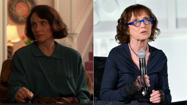 Split photo of Mary Jo Deschanel in "Twin Peaks" and at a screening of "The Right Stuff" in 2018