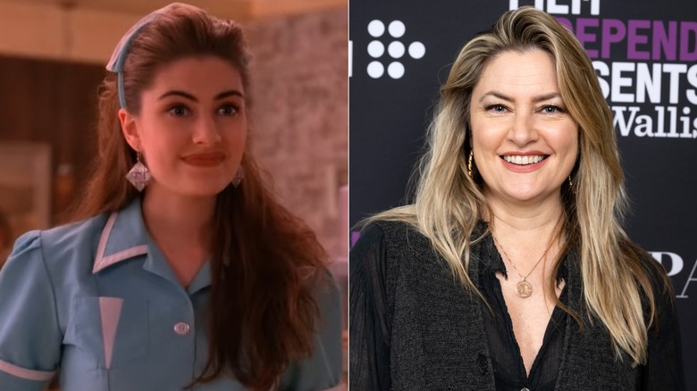 Split photo of Mädchen Amick in "Twin Peaks" and attending a live read event in 2023