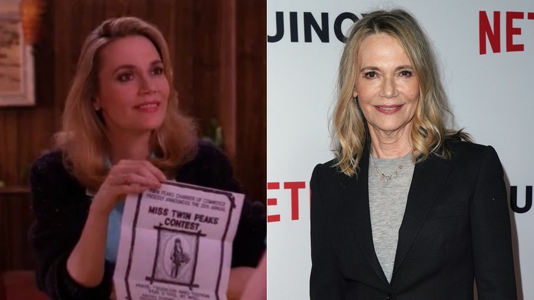 Split photo of Peggy Lipton in "Twin Peaks" and attending the premiere of "Quincy" in 2018