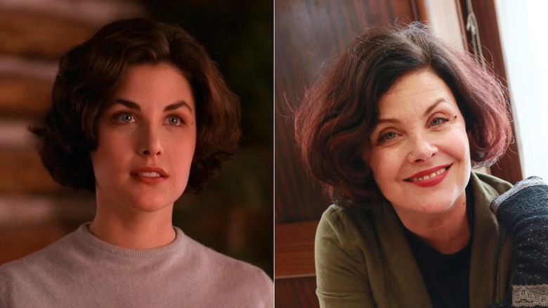 Split photo of Sherilyn Fenn in "Twin Peaks" and at the "Twin Peaks" UK Festival in 2017