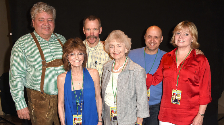 Cast of Willy Wonka (LtoR) Michael Bollner, Julie Dawn Cole, Peter Ostrum, Diana Sowle, Paris Themmen and Julie Dawn Cole Poses at The Hollywood Show - Day 2 at Westin Los Angeles Airport on July 20, 2014 in Los Angeles, California.