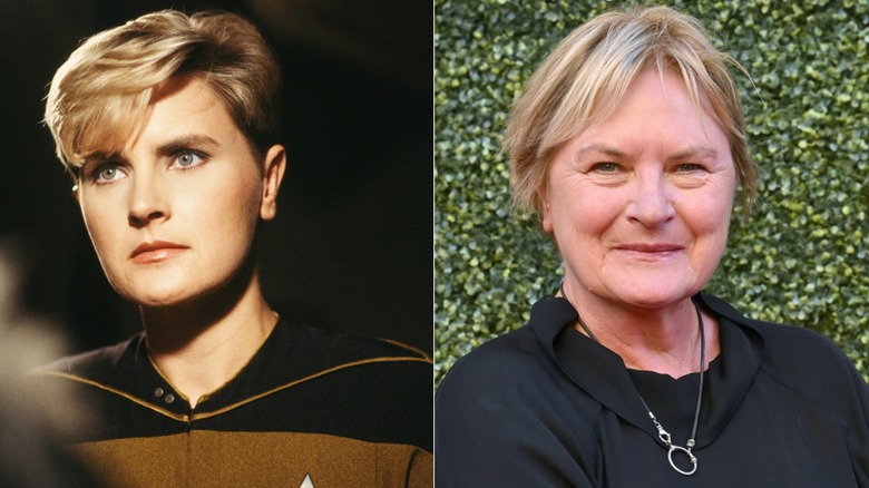 A split image of Denise Crosby as Tasha Yar next to a more recent photo of Crosby