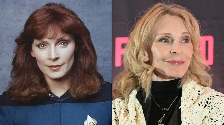 A split image of Gates McFadden as Dr. Beverly Crusher next to a more recent photo of McFadden