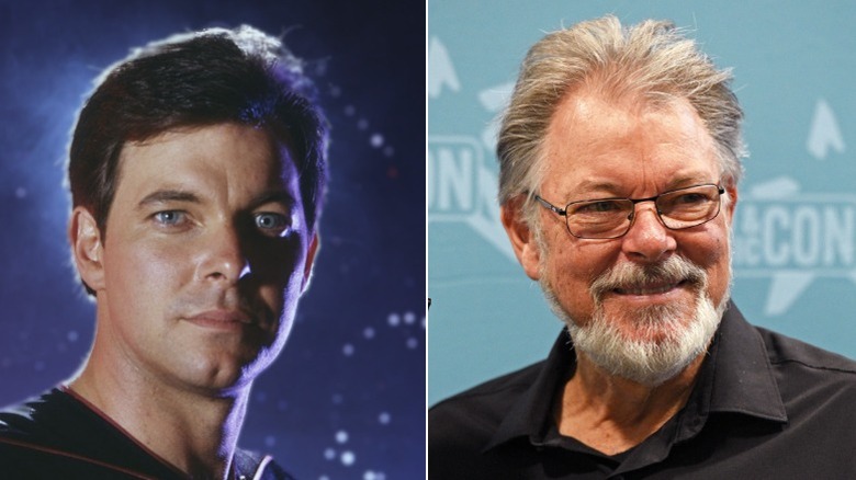 Split image of Jonathan Frakes as a young Will Riker next to a more recent photo of Frakes