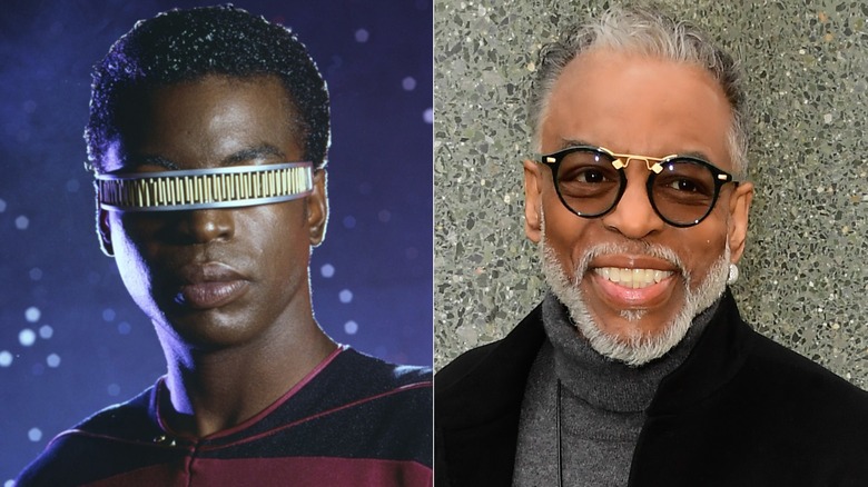 A split image of LeVar Burton as Geordi La Forge next to a more recent phot of Burton