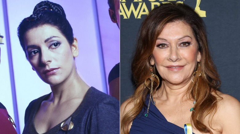 A split image of Marina Sirtis as Deanna Troi next to a more recent photo of Sirtis