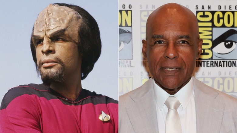 A split image of Michael Dorn as Worf next to a more recent phot of Dorn