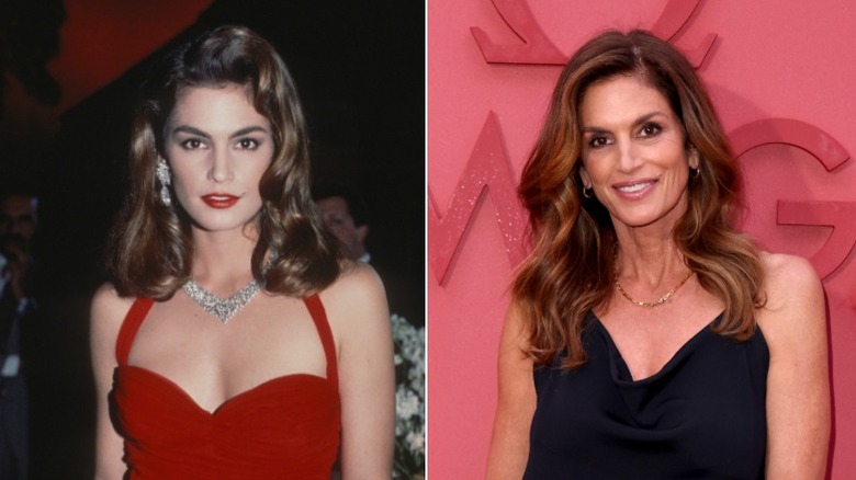 Split image of Cindy Crawford in 1990 and in 2024