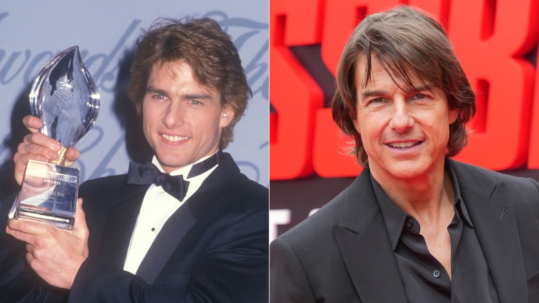 Tom Cruise holding his People's Choice Awards in 1990 & Tom Cruise at a Mission: Impossible red carpet event in 2025
