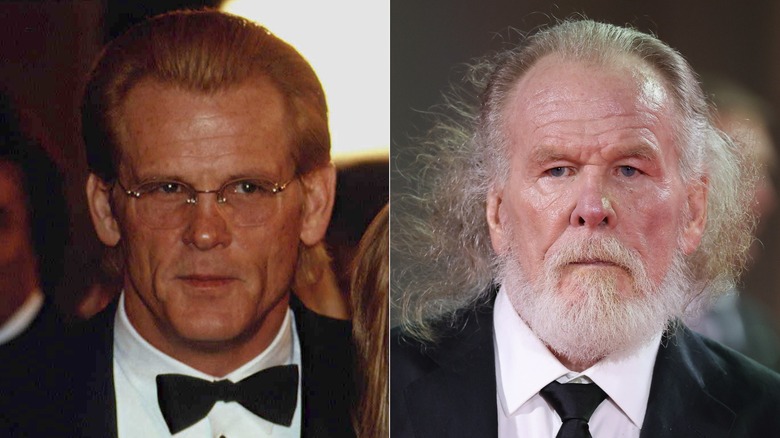 Nick Nolte at an event in 1992 and Nick Nolte at the Venice Film Festival red carpet in 2026
