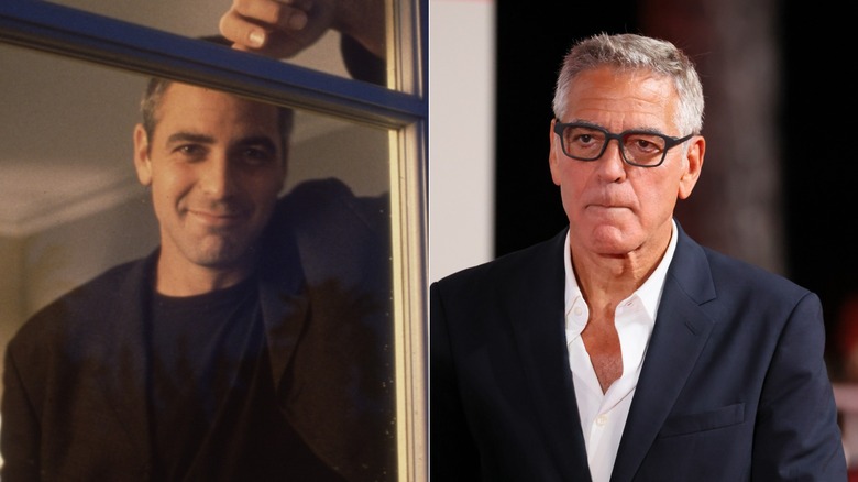 George Clooney looking out a window in 1997 and George Clooney wearing dark-rimmed glasses