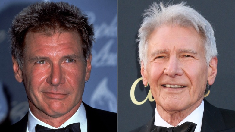 Harrison Ford at an awards event in 1998 and at a red carpet event in 2025