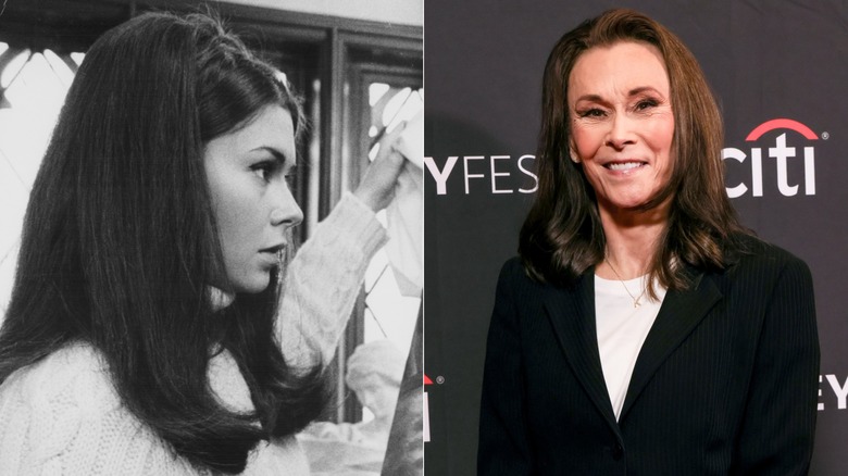Side by side photos of Kate Jackon on Dark Shadows and at an event in 2026