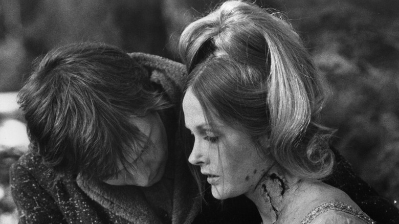 Black and white photo of Nancy Barrett's character after a vampire bite