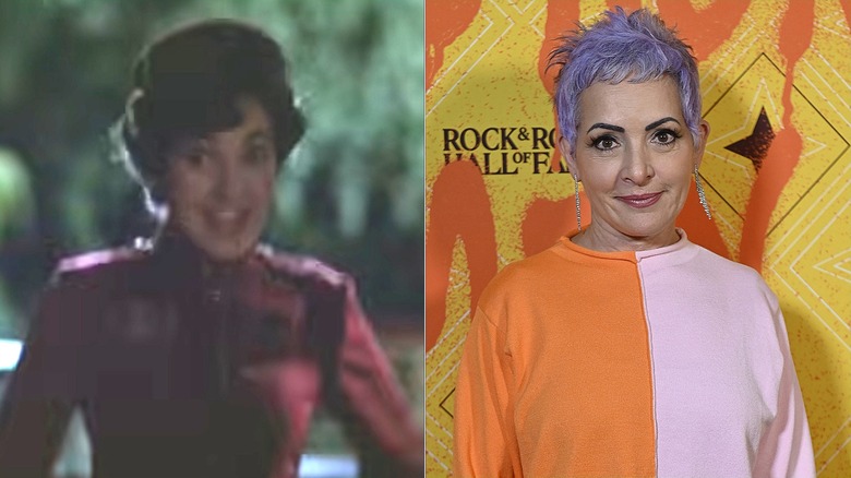 Split image of Jane Wiedlin in "Clue" (left) and Jane Wiedlin in 2026 (right)