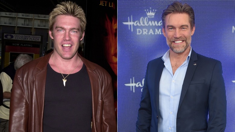 Split image of Judson Mills wearing a leather jacket in 2001 and wearing a suit jacket in 2019