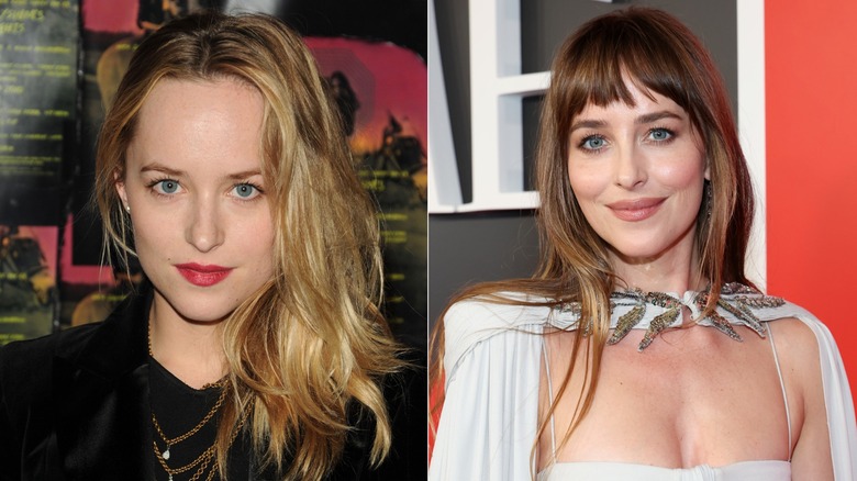 Side-by-side photos of Dakota Johnson with no bangs and with bangs